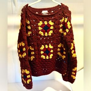 Society Mano Burgundy Granny Square Crochet Sweater Wool Blend Medium
